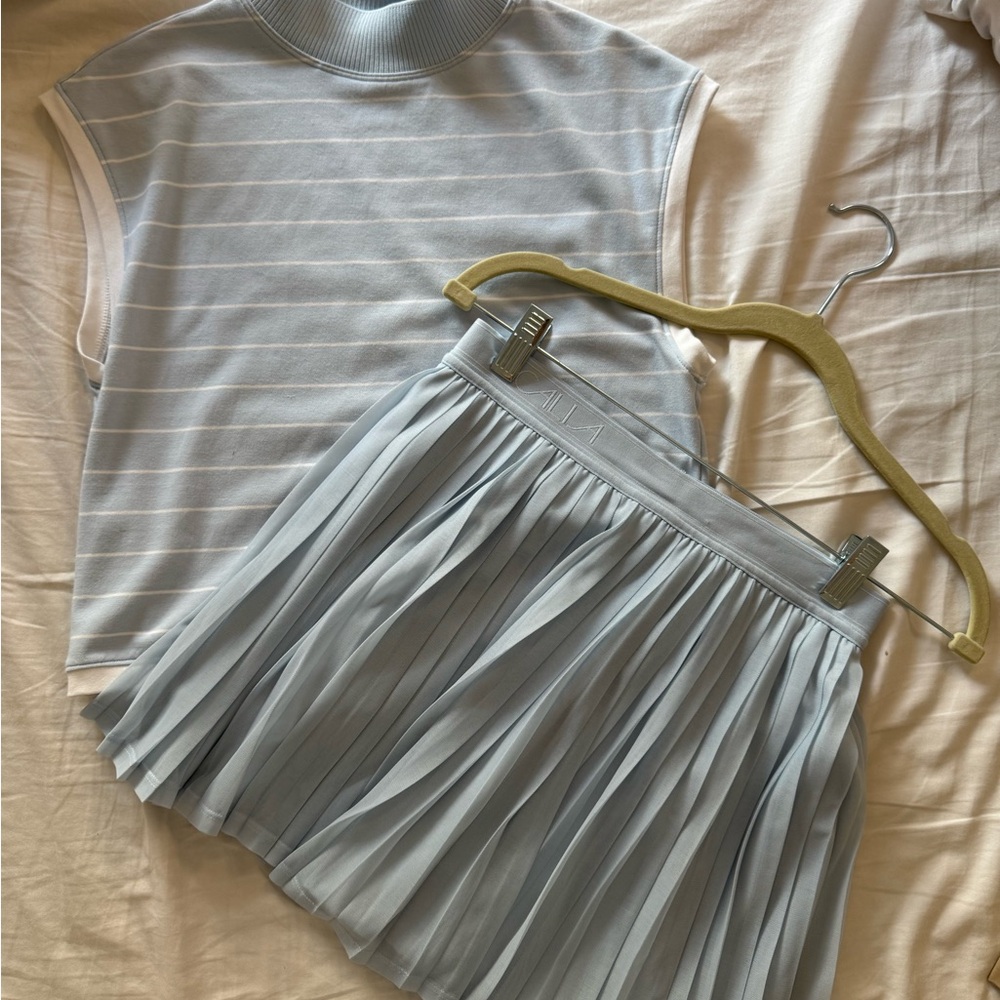 Chic Light Blue Striped Top and Pleated Skirt Set Golf, Tennis, Pickle Ball